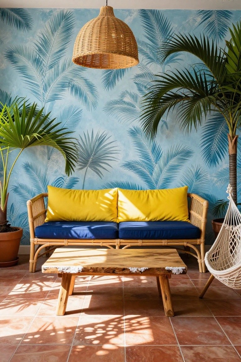 Indoor living room with blue palm leaf wallpaper, rattan sofa topped with yellow cushions and blue seat cushions, live edge wooden coffee table, potted palm plants, hanging rattan chair, basket pendant light, and terracotta tile floor.