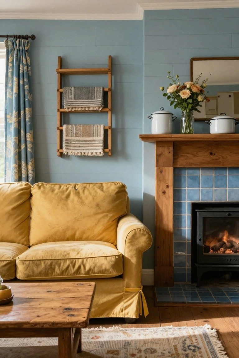 Light blue shiplap walls in a living room with a mustard yellow slipcovered sofa beside a wooden mantel and blue tiled fireplace containing a fire, wooden ladder shelf holding blankets nearby, white enamel pots on the mantel, and a wooden coffee table with fruit bowl in front.