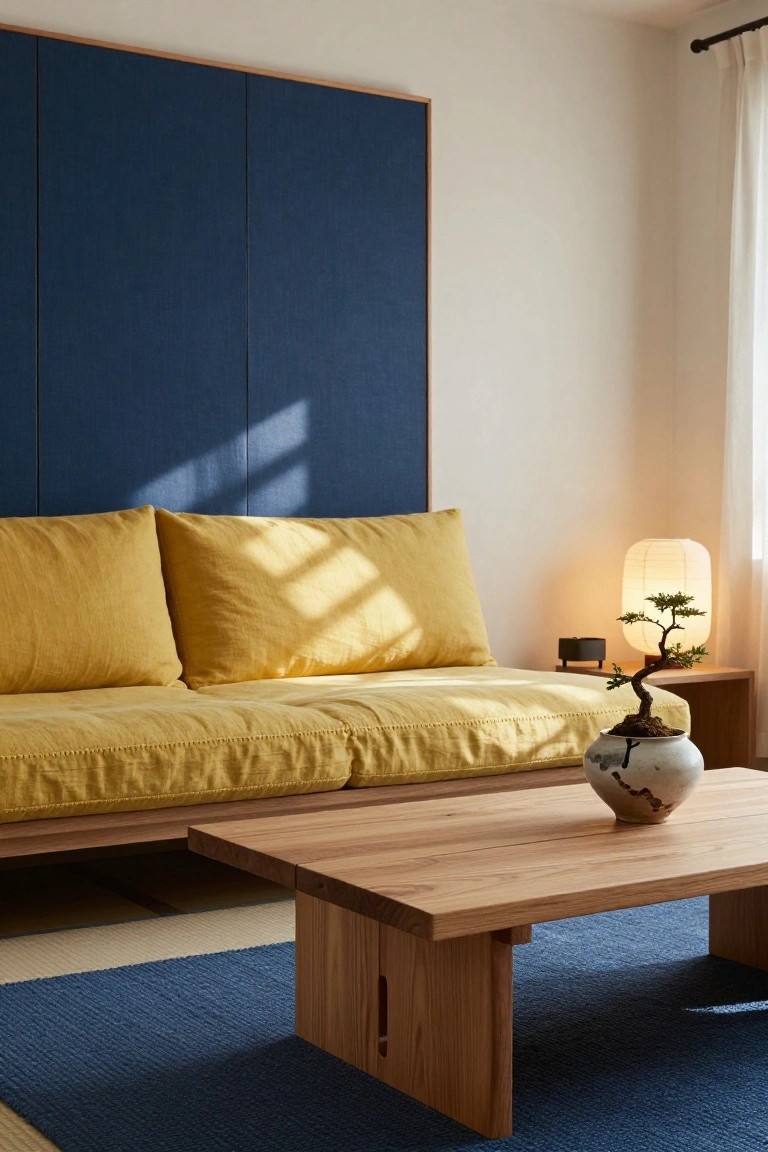 A minimalist living room with navy blue fabric wall panels behind a low mustard yellow linen sofa, wooden coffee table with ceramic vase, blue rug, bonsai tree on side table, and paper lantern lamp.