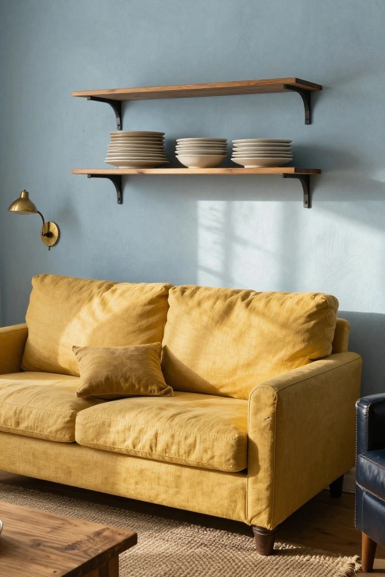 Light blue living room walls with wooden floating shelves holding stacks of white plates, a mustard yellow linen sofa with pillows, wooden coffee table, seagrass rug, and a navy armchair nearby.