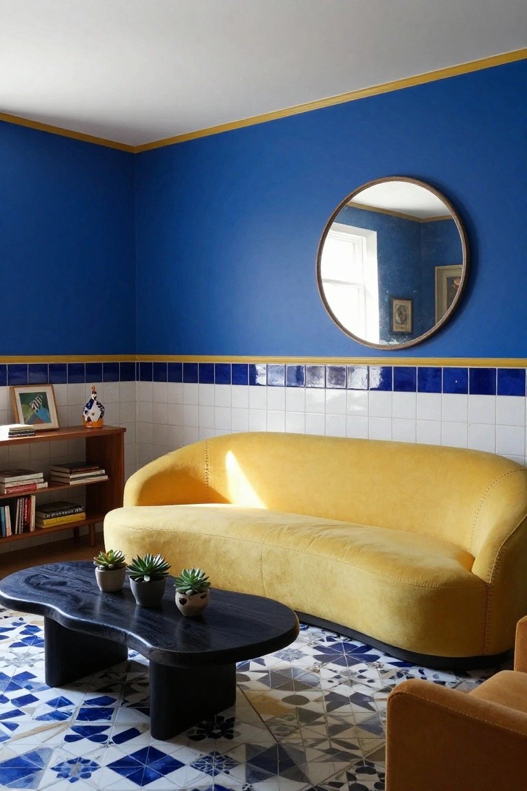A corner of a living room with royal blue walls, white subway tiles accented by blue and yellow trim, a curved yellow sofa, black kidney-shaped coffee table with potted plants, wooden bookshelf, round wooden mirror, and colorful blue-and-white patterned tile floor.