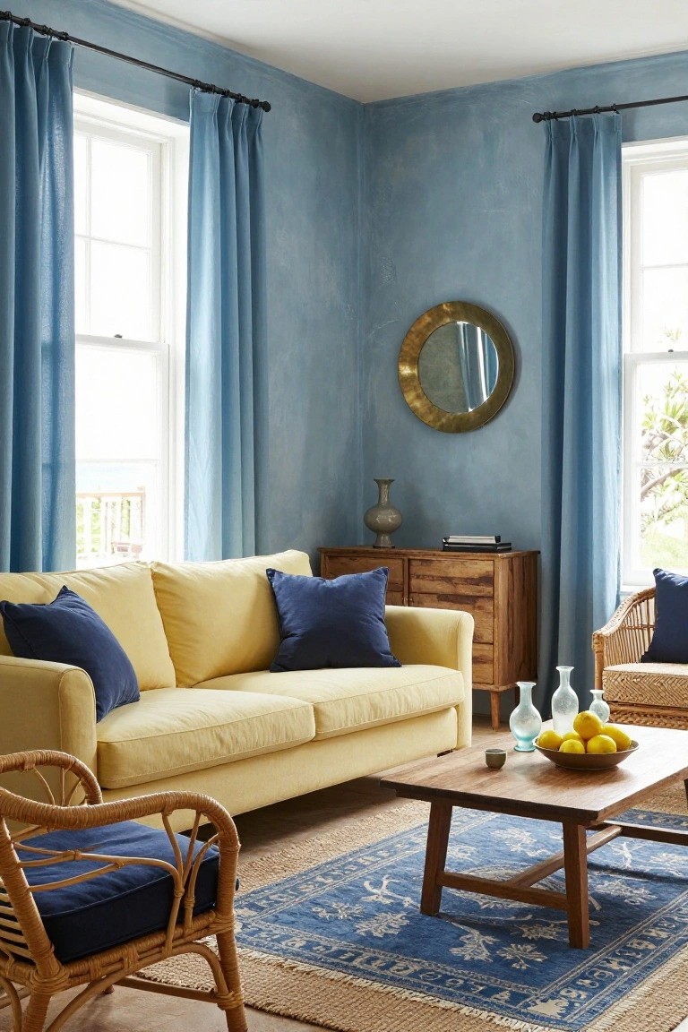 Corner of a living room with light blue textured walls, yellow sofa with navy pillows, wooden dresser and coffee table, rattan chairs with blue cushions, blue rug, and vase of lemons on the table.