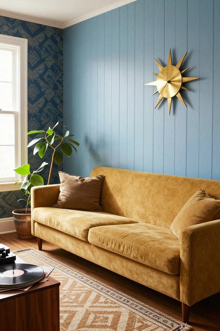 A mustard yellow velvet sofa in a living room with blue shiplap walls, a gold sunburst clock, potted plant near a window with navy wallpaper, wood record player stand, and patterned rug on hardwood floor.