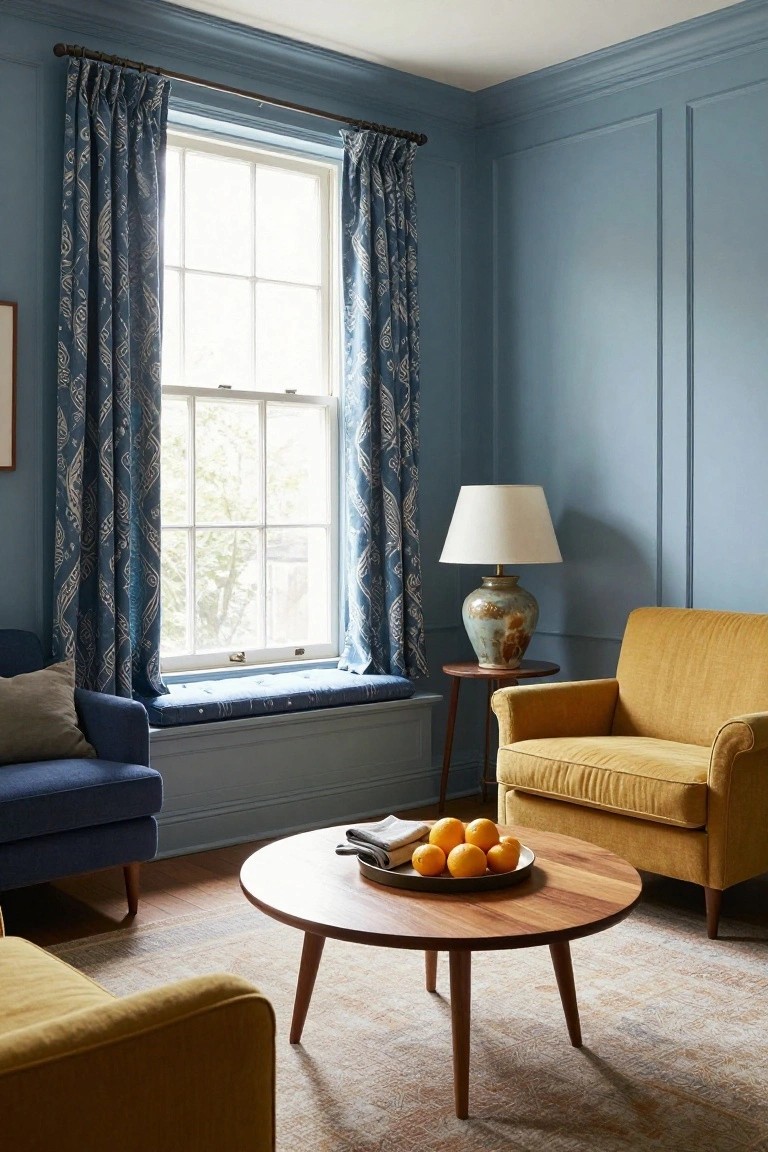 Corner of a living room featuring blue paneled walls, a window with blue patterned curtains and blue window seat, two yellow upholstered chairs, a round wooden coffee table holding oranges, a side table with lamp, and a beige rug.