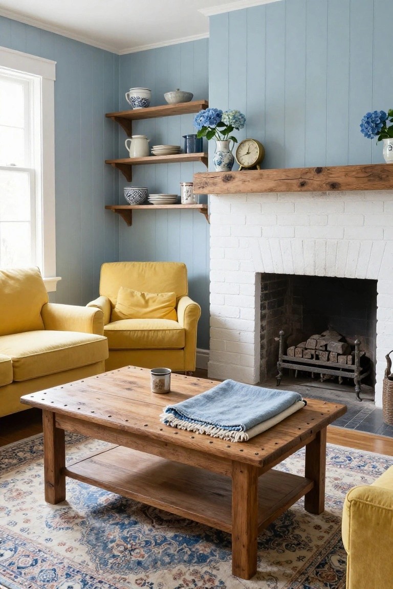 Living room with light blue vertical plank walls, white brick fireplace with rustic wooden mantel displaying blue and white ceramics and hydrangeas, mustard yellow armchairs and sofa arranged around a wooden coffee table on a blue-patterned rug.