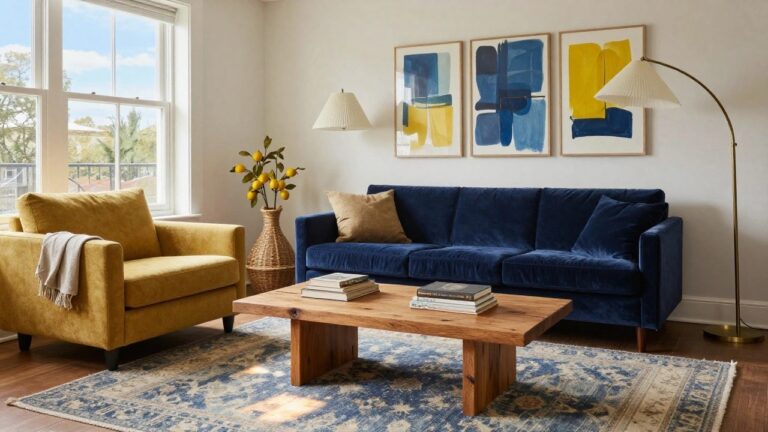 24 Blue And Yellow Living Room Decor Ideas Living room interior with navy blue velvet sofa draped in a white throw, adjacent mustard yellow velvet armchair, low wooden coffee table with stacked books, floating walnut shelf above, large abstract blue and yellow painting on white wall, arched floor lamp, woven vase with lemon branches, and blue floral rug.