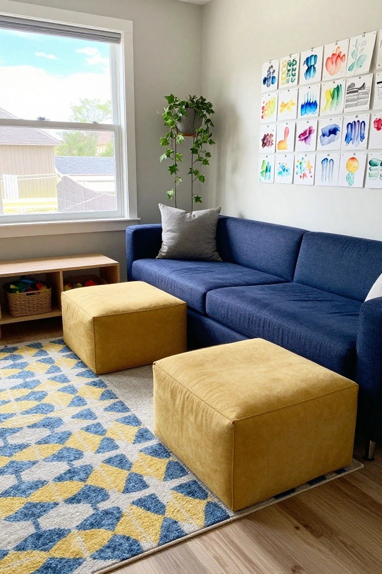 A cozy indoor living room corner with a navy blue L-shaped sofa, two mustard yellow cube ottomans, a geometric blue and yellow rug, wooden toy shelves, and a grid of colorful children's watercolor paintings on the wall beside a large window.