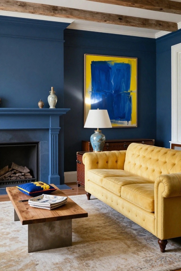 Living room with navy blue walls and fireplace mantel, yellow velvet tufted sofa, wooden coffee table on beige rug, blue and yellow abstract painting, porcelain vases, and exposed wood beams.
