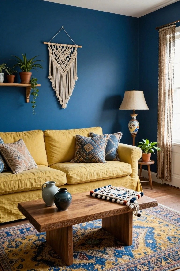 A cozy living room with navy blue walls, a yellow slipcovered sofa, wooden coffee table holding vases and a pom-pom throw, macrame wall hanging, plants, lamp, and blue-yellow rug.