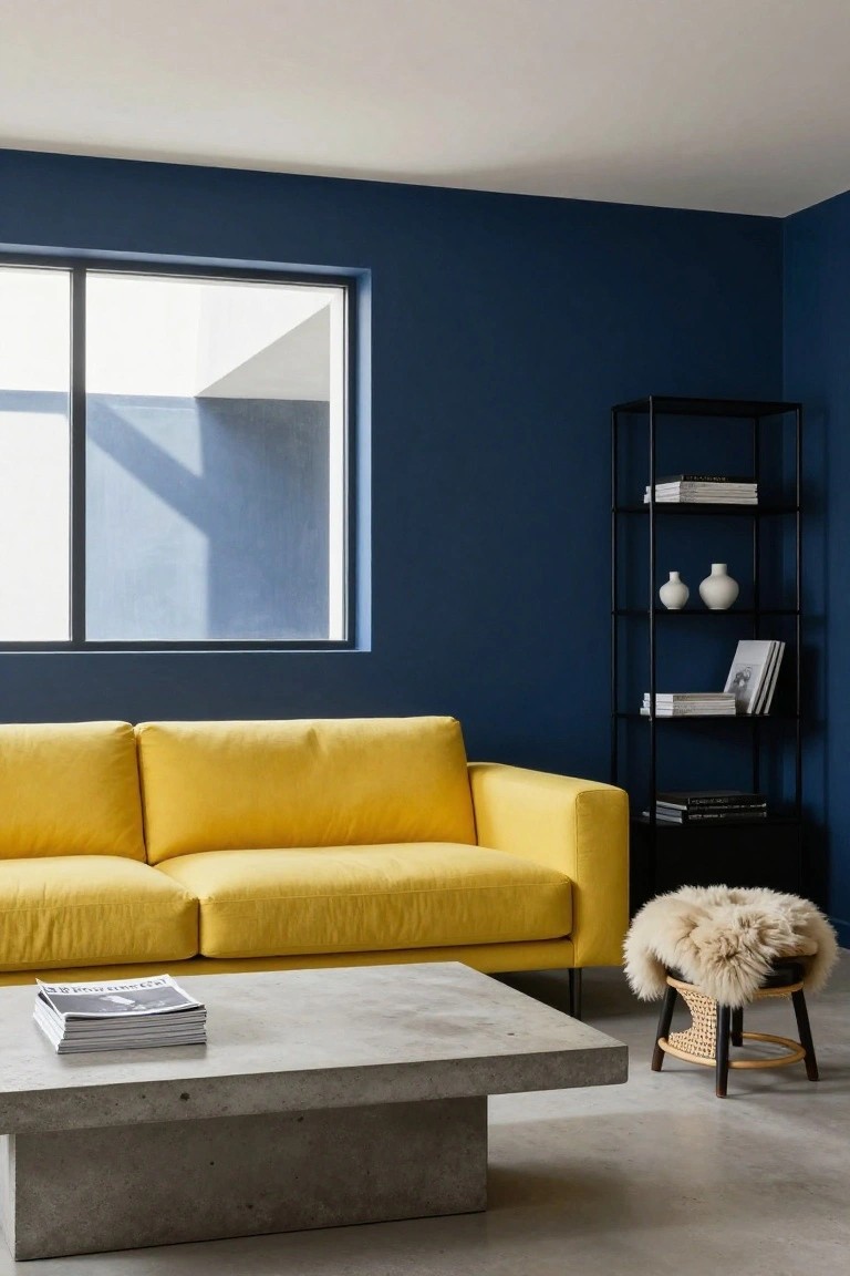 A modern living room with navy blue walls, a yellow two-seater sofa, low concrete coffee table holding magazines, black metal shelving unit with books and white vases, woven stool topped with sheepskin, and large window with natural light.