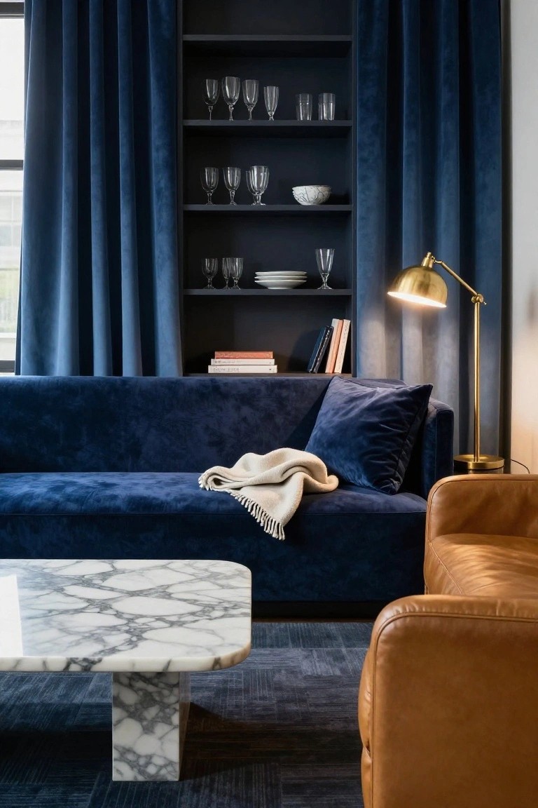 Living room with navy blue velvet sofa draped in a cream throw, purple velvet pillow, built-in dark shelves holding glassware and books, brass arched floor lamp, marble coffee table, tan leather armchair, and navy curtains beside a window.