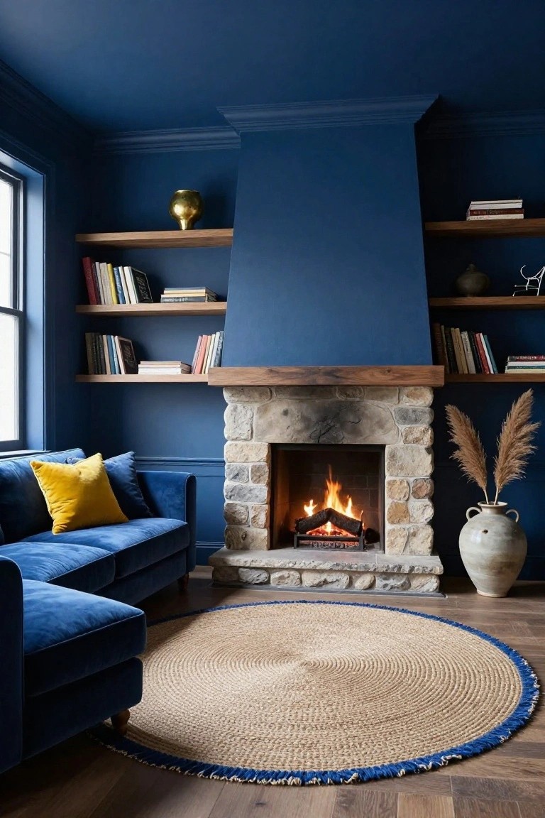 Living room with navy blue walls and ceiling, wooden floating shelves holding books and pottery, stone fireplace with fire burning, blue velvet L-shaped sofa with yellow and blue pillows, tall potted plants, and round beige rug on wood floors.