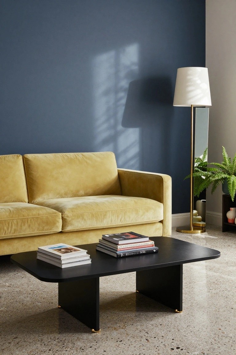 Living room with navy blue wall, mustard yellow velvet sofa, black coffee table stacked with books, gold floor lamp beside full-length mirror, potted fern plant, and terrazzo floor.