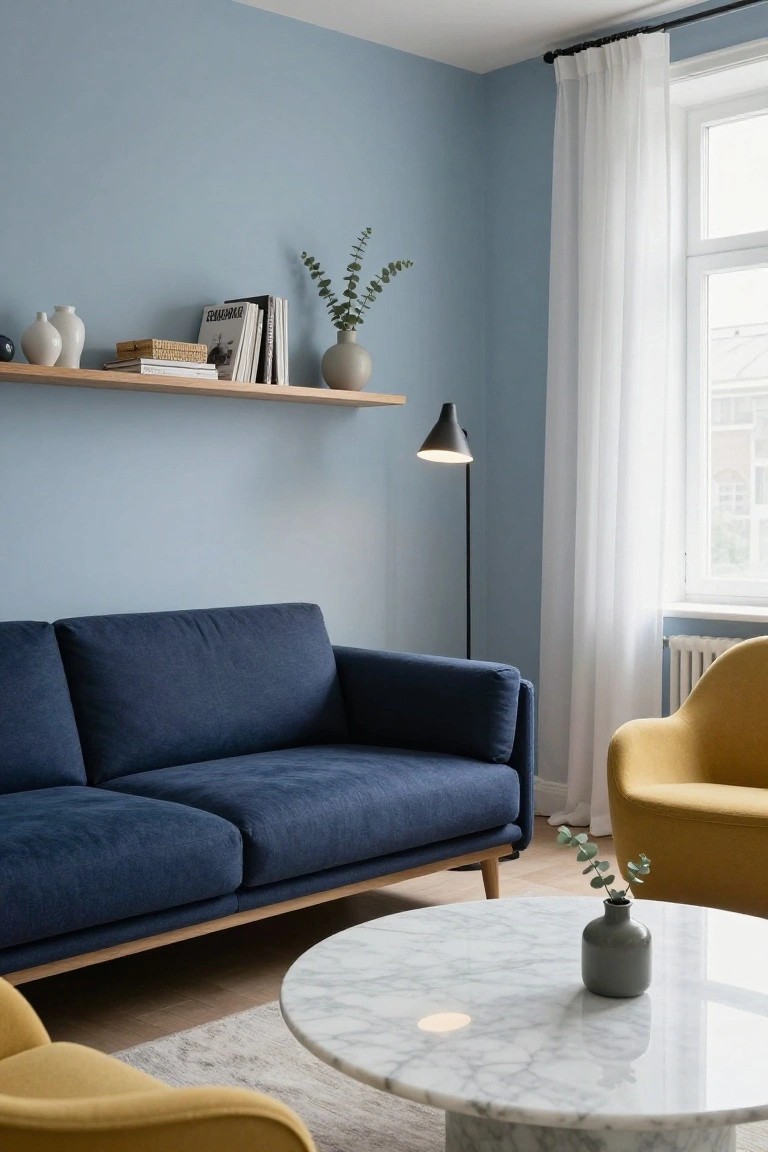 Living room interior with pale blue walls, navy blue velvet sofa, two mustard yellow armchairs, white marble coffee table, wooden floating shelves holding books plants and vases, black floor lamp, and sheer curtains on a window.