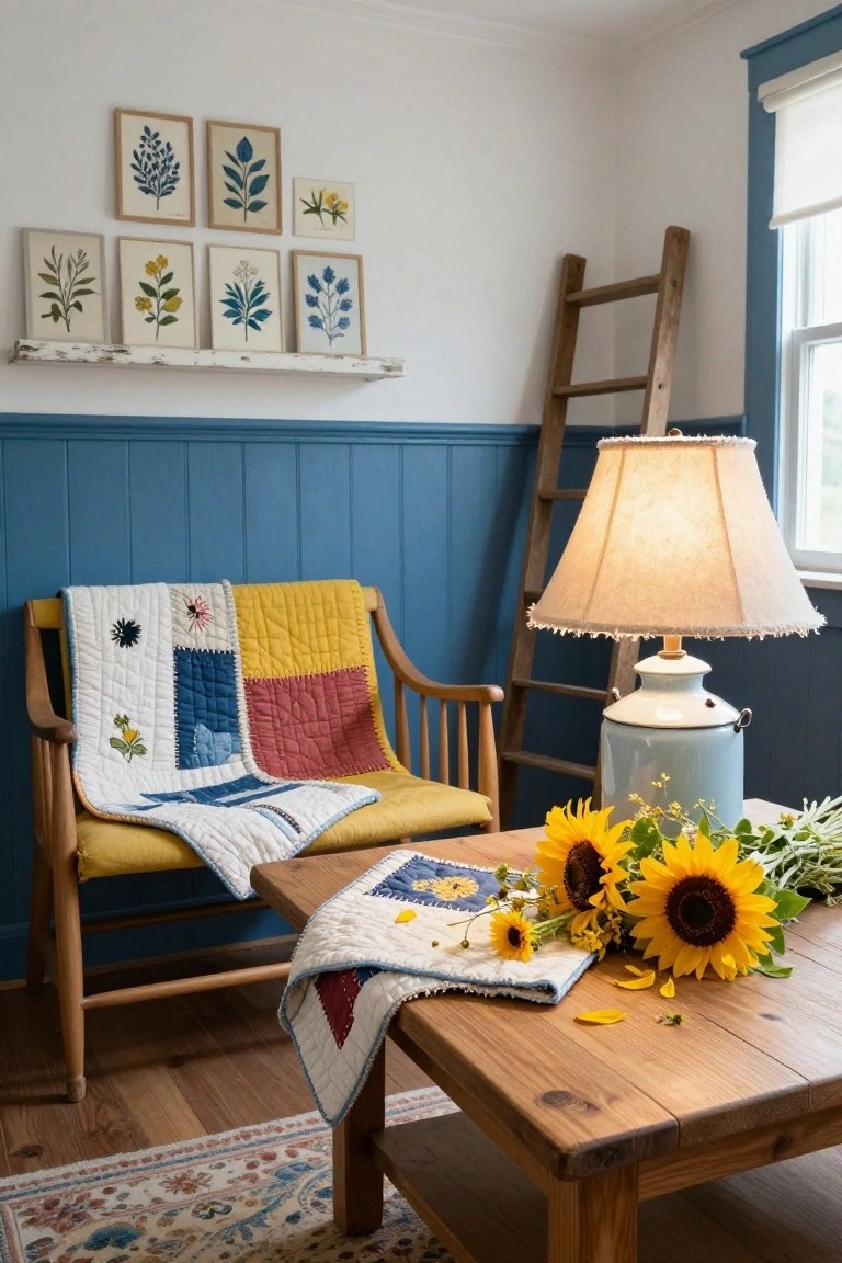 Cozy indoor corner with blue paneled walls, wooden armchair draped with colorful patchwork quilts, wooden coffee table holding yellow sunflowers and another quilt, ladder, lamp on enamelware base, and botanical prints on a distressed shelf.