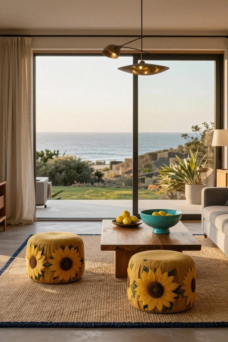 Living room with gray sofa, low wooden coffee table topped with turquoise bowl of lemons, two yellow poufs embroidered with sunflowers on seagrass rug, large glass doors opening to ocean view and green lawn.