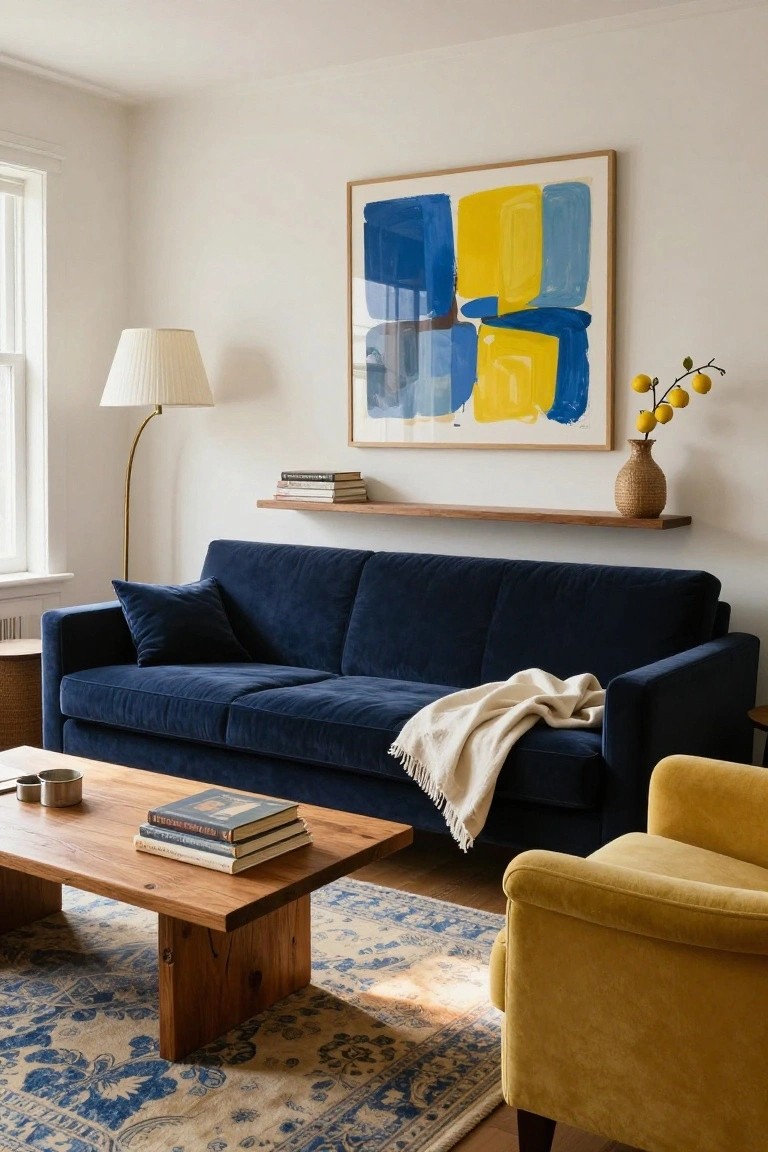 Living room interior with navy blue velvet sofa draped in a white throw, adjacent mustard yellow velvet armchair, low wooden coffee table with stacked books, floating walnut shelf above, large abstract blue and yellow painting on white wall, arched floor lamp, woven vase with lemon branches, and blue floral rug.