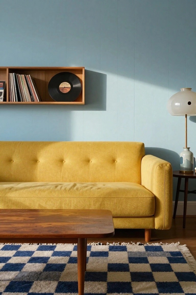 Light blue paneled walls in a living room with a tufted yellow sofa, wooden coffee table on a black-and-white checkered rug, floating wooden shelf holding books and a vinyl record, and a side table with white lamp and vase.
