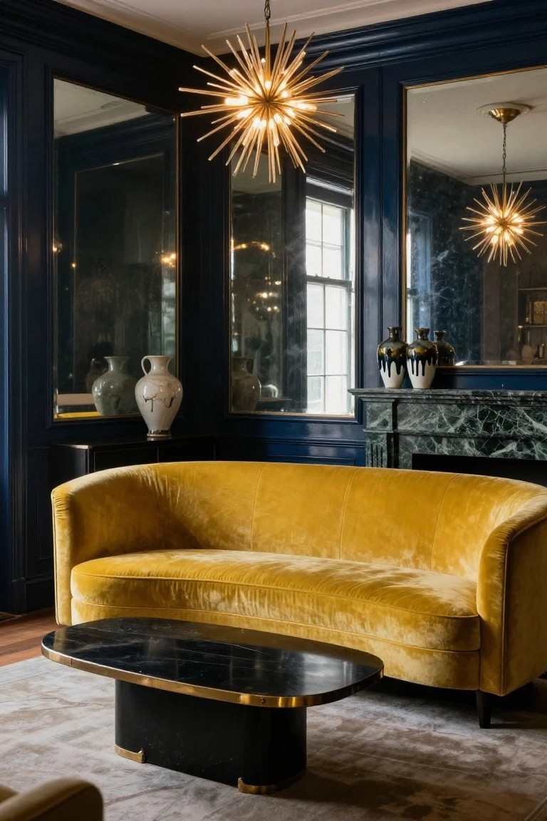 A living room corner with navy blue paneled walls and mirrors, a curved yellow velvet sofa, black marble coffee table with gold accents, white ceramic vases, and spiky gold chandeliers.