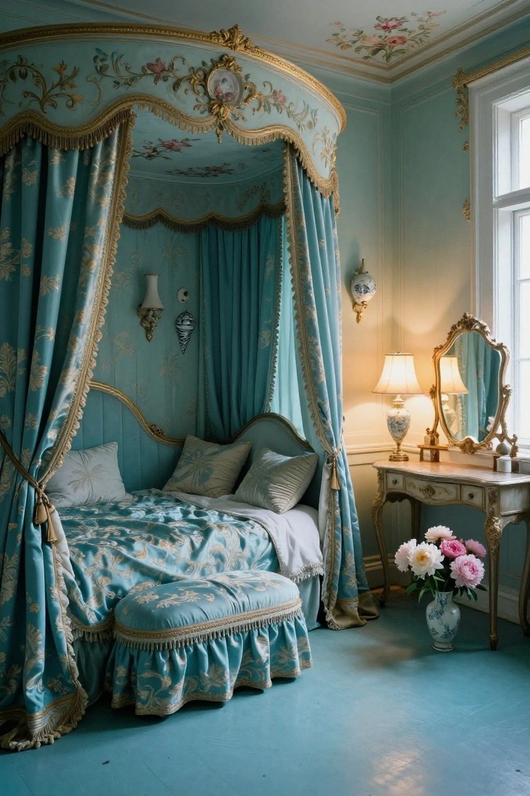 Turquoise Rococo-style canopy bed with gilded frame, blue drapes, pillows, and matching skirted bench in a light blue bedroom with vanity table, lamps, and vase of peonies.