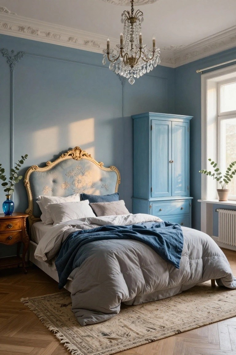 Light blue bedroom with ornate gold-trimmed upholstered headboard, blue-painted wooden armoire and dresser, crystal chandelier, potted plants, hardwood parquet floor, and beige rug.