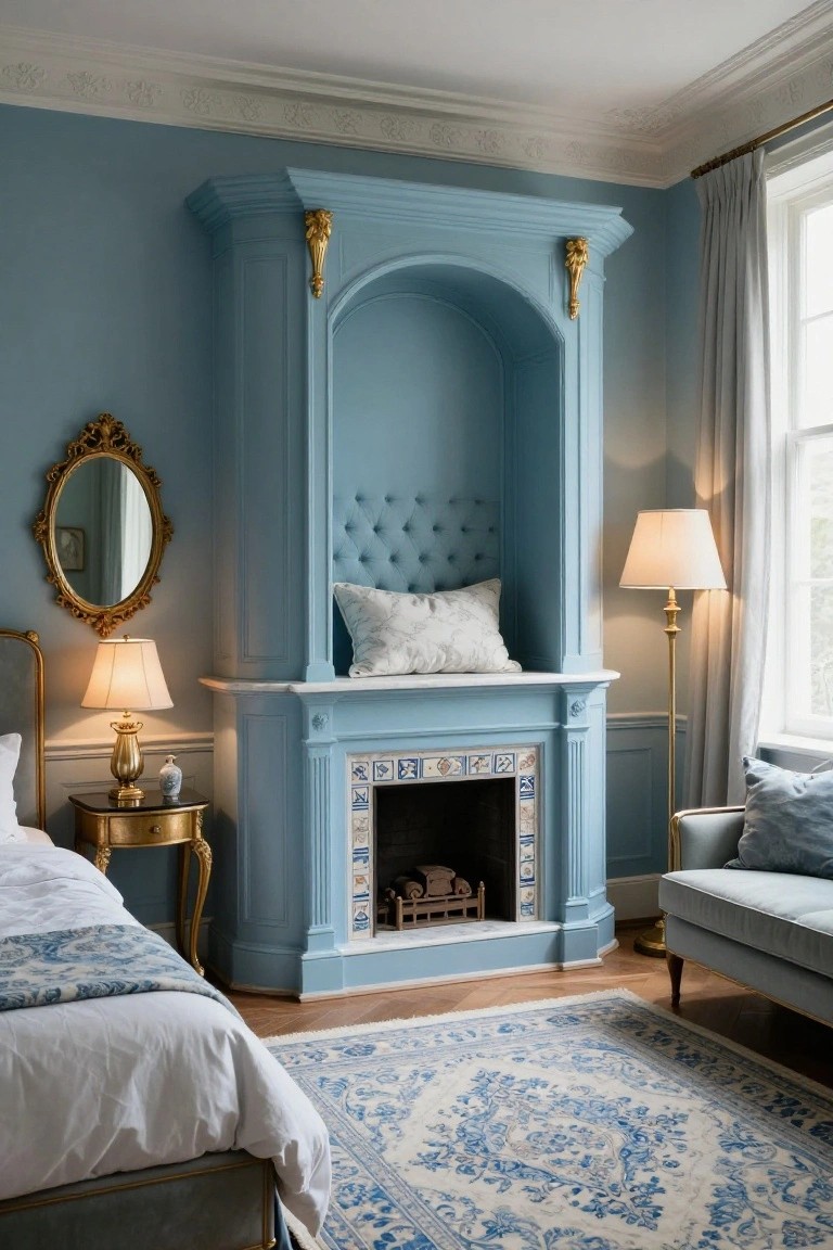 Bedroom interior with tall blue-painted Rococo fireplace featuring arched niche with tufted cushion, gold cherub sculptures, Delft tile firebox containing logs, beside upholstered bed with blue bedding, gold-accented furniture, oval mirror, armchair, and blue-patterned rug on wood floor.