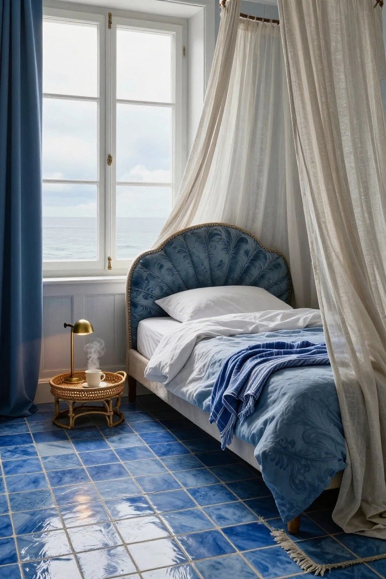 Bedroom interior with turquoise blue scalloped upholstered headboard on a canopy bed draped in white fabric, rattan side table holding a teacup, glossy blue tile floor, and large windows overlooking the sea.