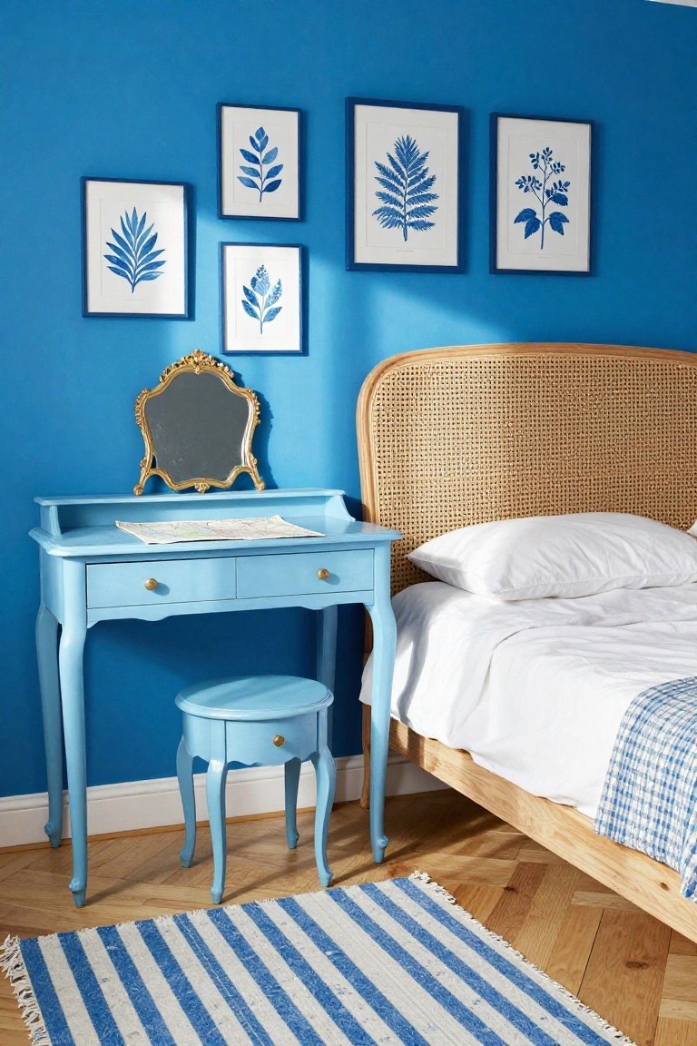 Blue bedroom with deep blue walls, powder blue Rococo-style vanity desk and stool with gold mirror, rattan headboard bed with white bedding and plaid throw, blue botanical leaf prints on walls, and striped blue rug on parquet floor.