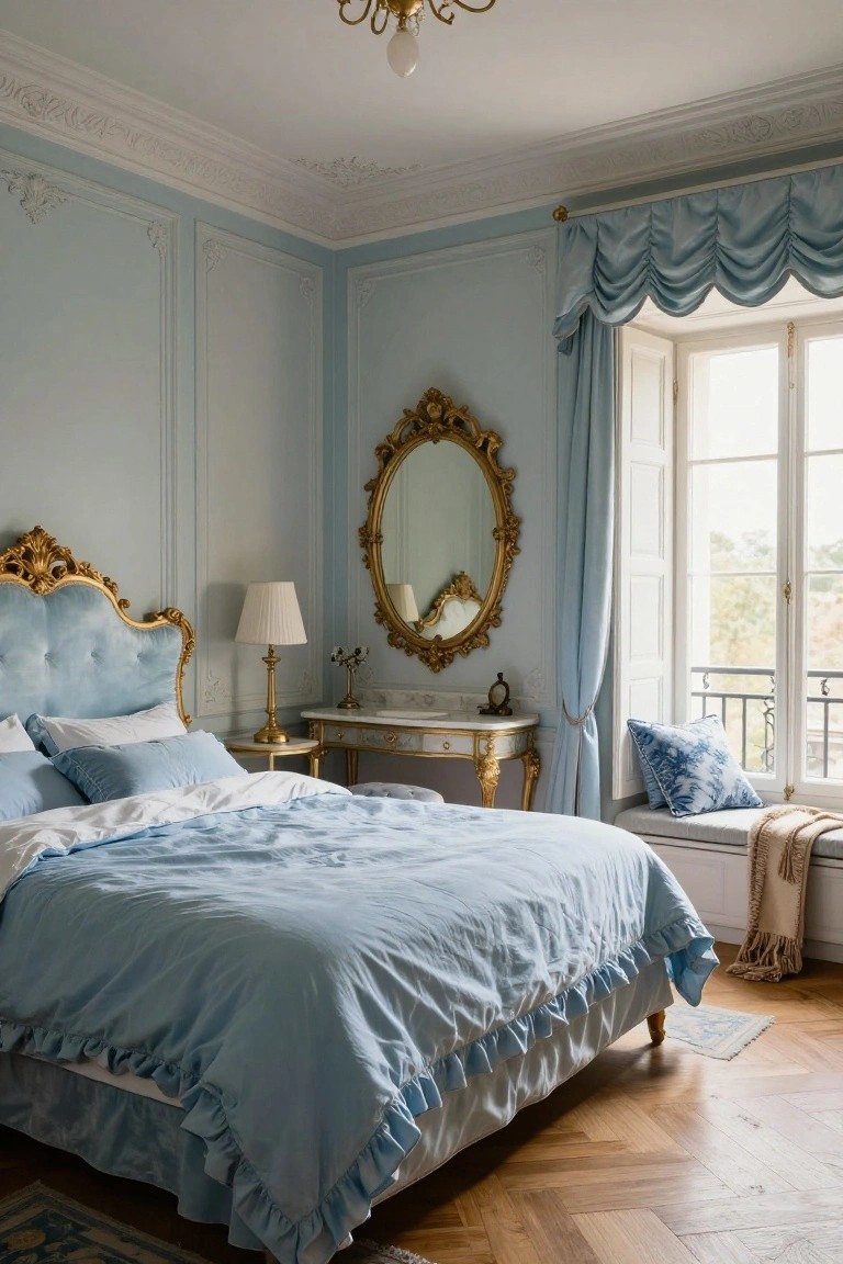 Pale blue paneled bedroom with tufted blue velvet bed on ornate gold Rococo frame, gold mirror and console table, blue curtains on tall French windows, and parquet floor.
