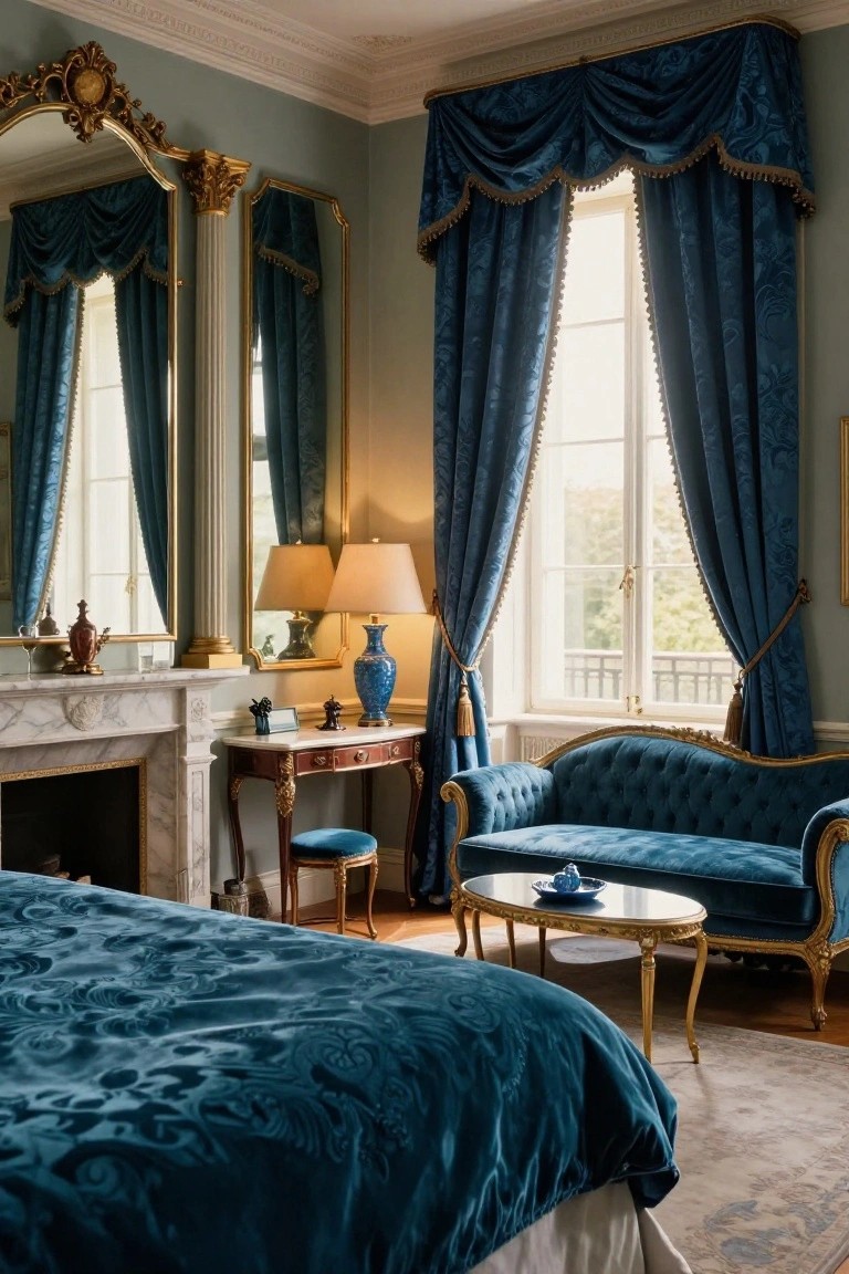 Rococo-style bedroom interior with deep blue velvet bed and sofa, gold-accented furniture, marble fireplace, ornate mirrors, and blue velvet drapes on tall windows.