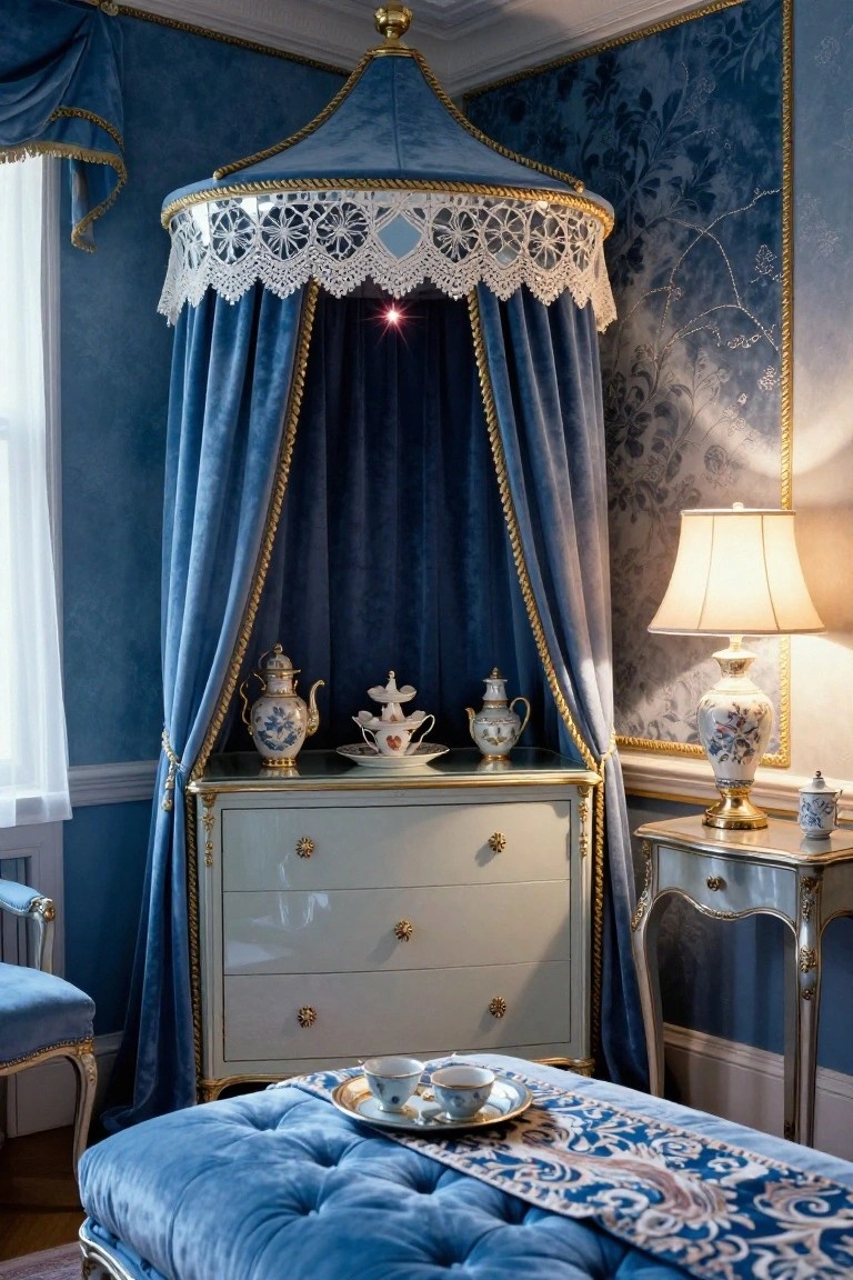 Corner view of a blue bedroom with a velvet-draped canopy over a gilded dresser displaying porcelain teapots and cups, a lamp on a side table, and a tufted blue ottoman in front.