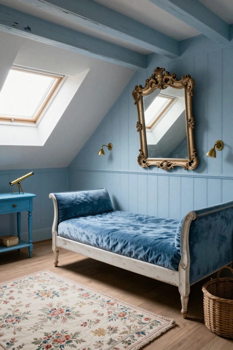Attic bedroom with light blue paneled walls and sloped ceiling featuring skylights, blue velvet chaise lounge on white painted wood frame, ornate gold mirror, brass wall sconces, small blue table with brass telescope, floral area rug, and wicker basket on wood floor.