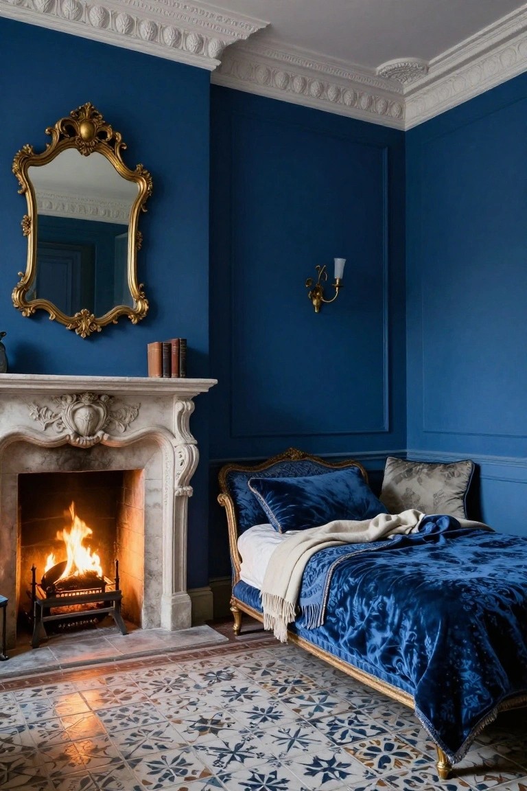 Deep navy blue bedroom with ornate gold mirror on wall, carved marble fireplace containing a lit fire, blue velvet daybed with pillows and throw, and patterned tile floor.