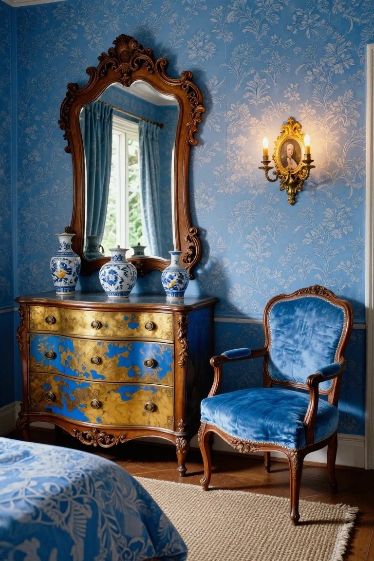 Blue Rococo bedroom with floral wallpaper, ornate gilded mirror, gold and blue painted chinoiserie dresser holding blue-and-white porcelain vases, blue velvet armchair, and corner of white-patterned bed.