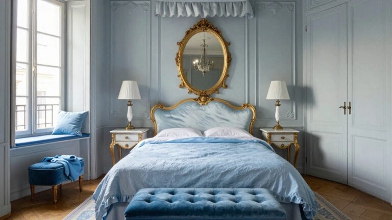 Pale blue paneled bedroom with tufted blue velvet bed on ornate gold Rococo frame, gold mirror and console table, blue curtains on tall French windows, and parquet floor.
