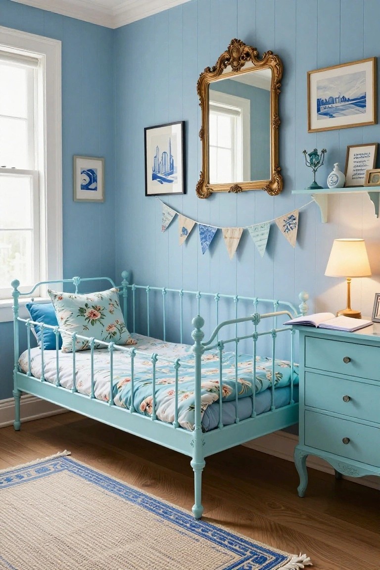 A child's bedroom with light blue paneled walls, a turquoise painted metal bed frame with floral bedding and pillows, an ornate gold mirror, nautical artwork, bunting flags, and a turquoise dresser.
