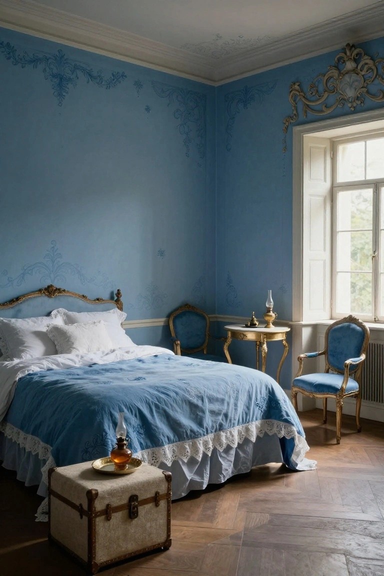 Light blue bedroom corner with painted floral wall motifs, ornate gilded bed headboard and frame, white pillows and blue linens on bed, two blue armchairs, small round table with lamp and perfume bottle, leather trunk on parquet wood floor, large window with natural light.