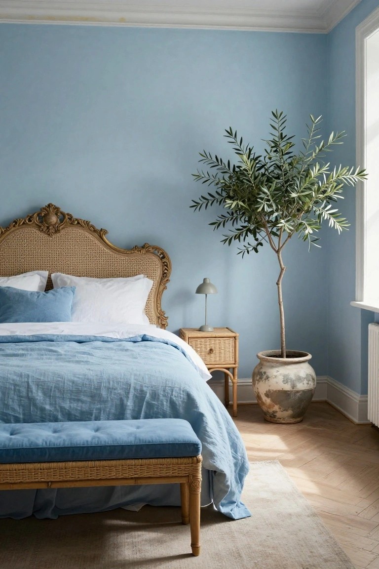 Light blue bedroom corner featuring ornate gilded cane bed headboard, white and blue pillows, blue linen bedding, rattan bench at foot, nightstand with lamp, and tall potted olive tree next to radiator.