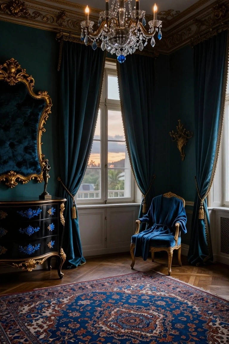 A corner of a luxurious room with deep teal walls, gold Rococo mirror and furniture cabinet, blue velvet chair draped with a matching blanket, crystal chandelier, heavy teal curtains on tall windows showing a sunset view, and a blue Persian rug on parquet floor.