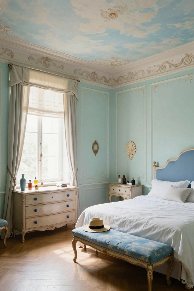 Pale blue Rococo-style bedroom interior with ceiling painted as cloudy sky, ornate white furniture including a blue-upholstered bed and bench, dresser with vases and bottles, large curtained window, and parquet floor.