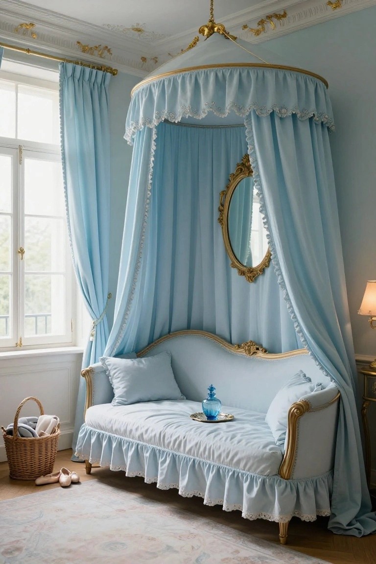 Pastel blue Rococo-style chaise lounge with gold frame, frilly skirt, and matching canopy in a light blue bedroom with drapes, mirror, lamp, and ballet shoes on the floor.