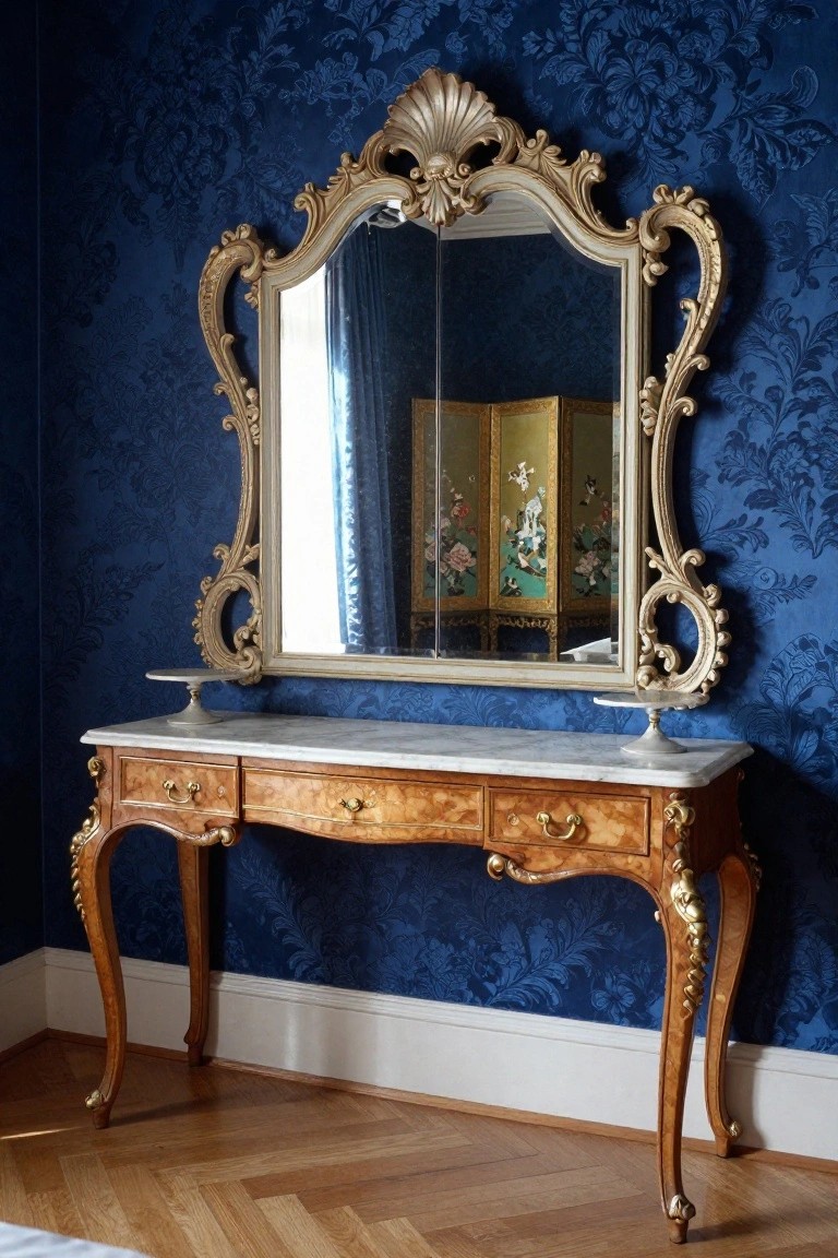Ornate gilded mirror above marble-topped console table with cabriole legs and gold ormolu details against deep blue floral wallpaper in an interior room with parquet flooring.