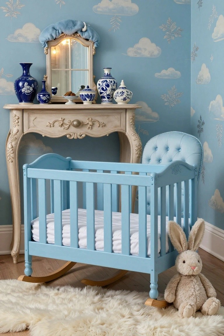 Light blue Rococo-style rocking crib with white bedding beside an ornate carved vanity table holding blue and white porcelain vases, in a nursery with pastel blue walls featuring cloud and snowflake motifs, a tufted blue chair, and a stuffed tan bunny on a white shag rug.