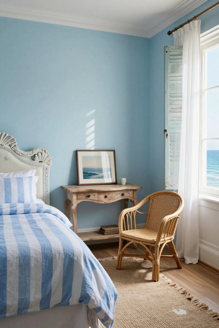 Light blue bedroom with white ornate scalloped headboard, blue-and-white striped bed linens, wooden nightstand holding a framed ocean painting and vase, rattan armchair, sheer curtains on window overlooking sea, hardwood floor, and seagrass rug.