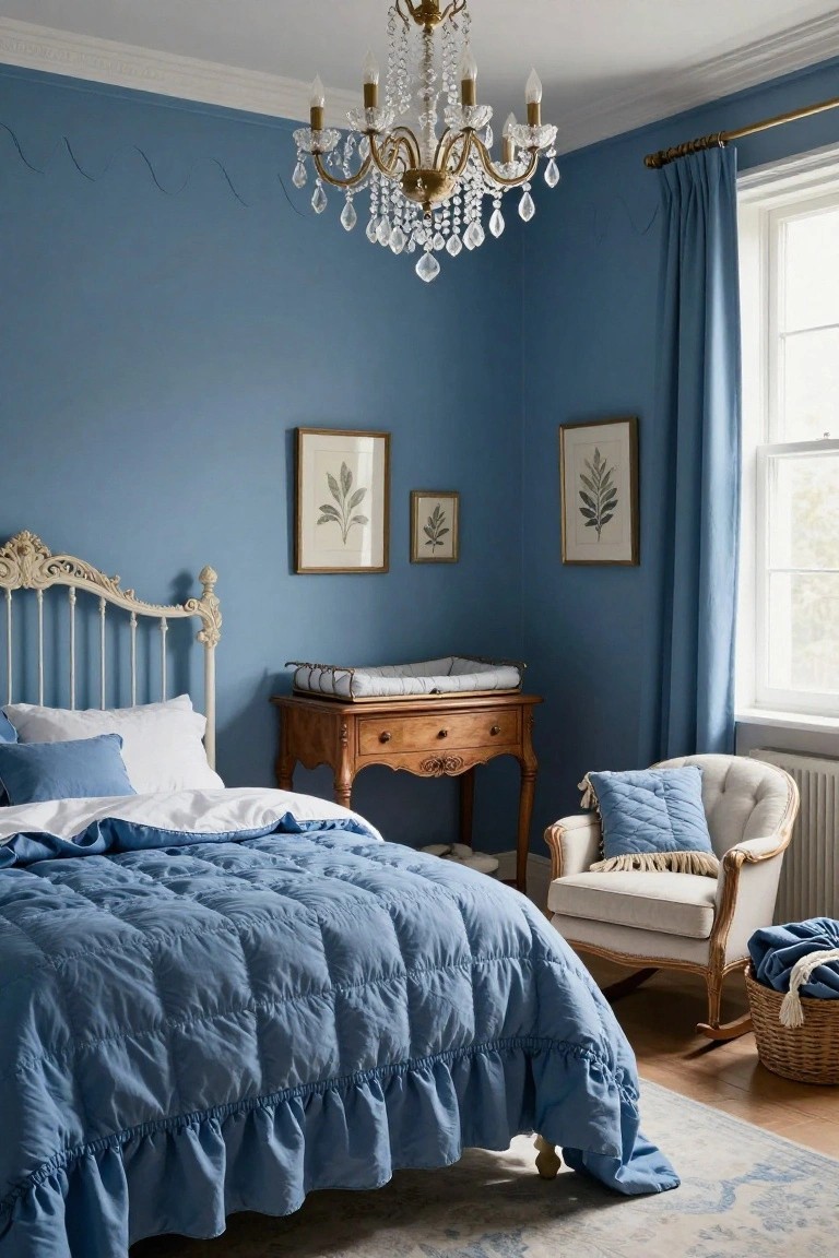 Powder blue walled nursery bedroom featuring a white ornate metal bed, wooden changing table with white liner, cream upholstered rocking chair, crystal chandelier, and botanical art in gold frames.