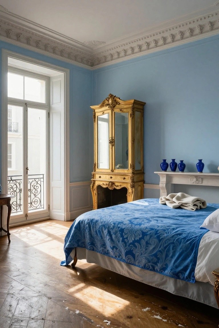 Pale blue bedroom with tall gilded armoire, ornate gold fireplace mantel holding blue vases, blue floral duvet on bed, small table nearby, French doors to balcony, and parquet wood floor.
