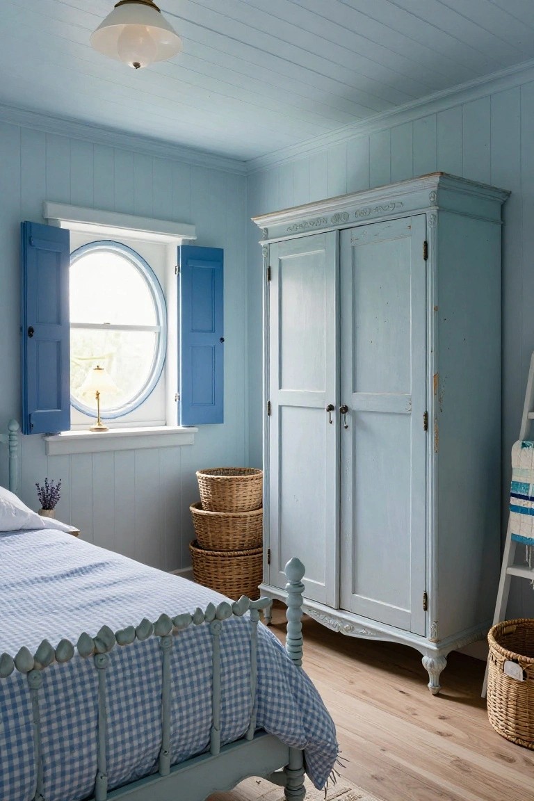 Light blue paneled bedroom featuring a tall distressed blue armoire, gingham blue bed with button details, round window with blue shutters and lamp, wicker baskets, lavender vase on nightstand, and oak wood floors.