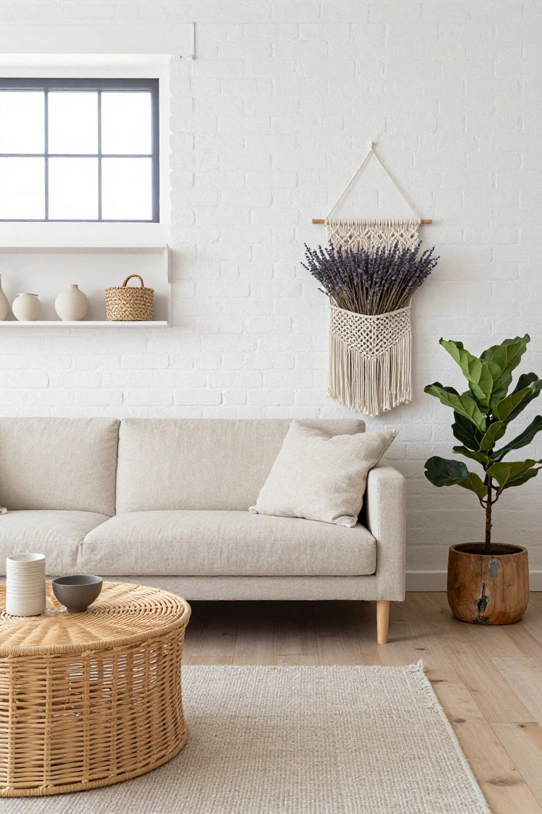 Light living room with beige linen sofa, oval rattan coffee table, white brick wall featuring wooden shelf with pottery and basket plus macrame hanger with dried lavender, and fiddle leaf fig in wooden pot.