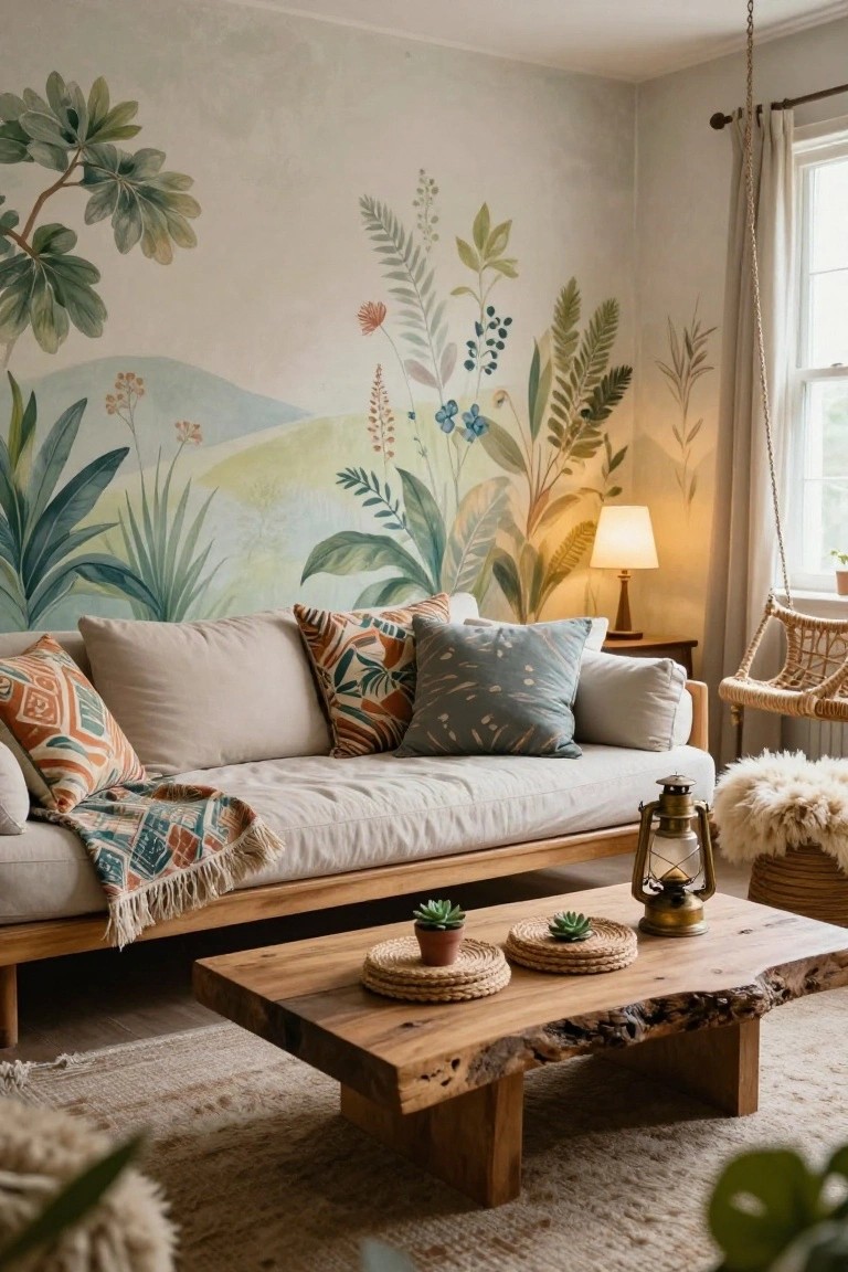 Living room featuring a large botanical mural on one wall with green plants, ferns, flowers, and distant hills, a beige sofa with patterned pillows, wooden coffee table with succulents, rattan swing chair, and wool pouf.