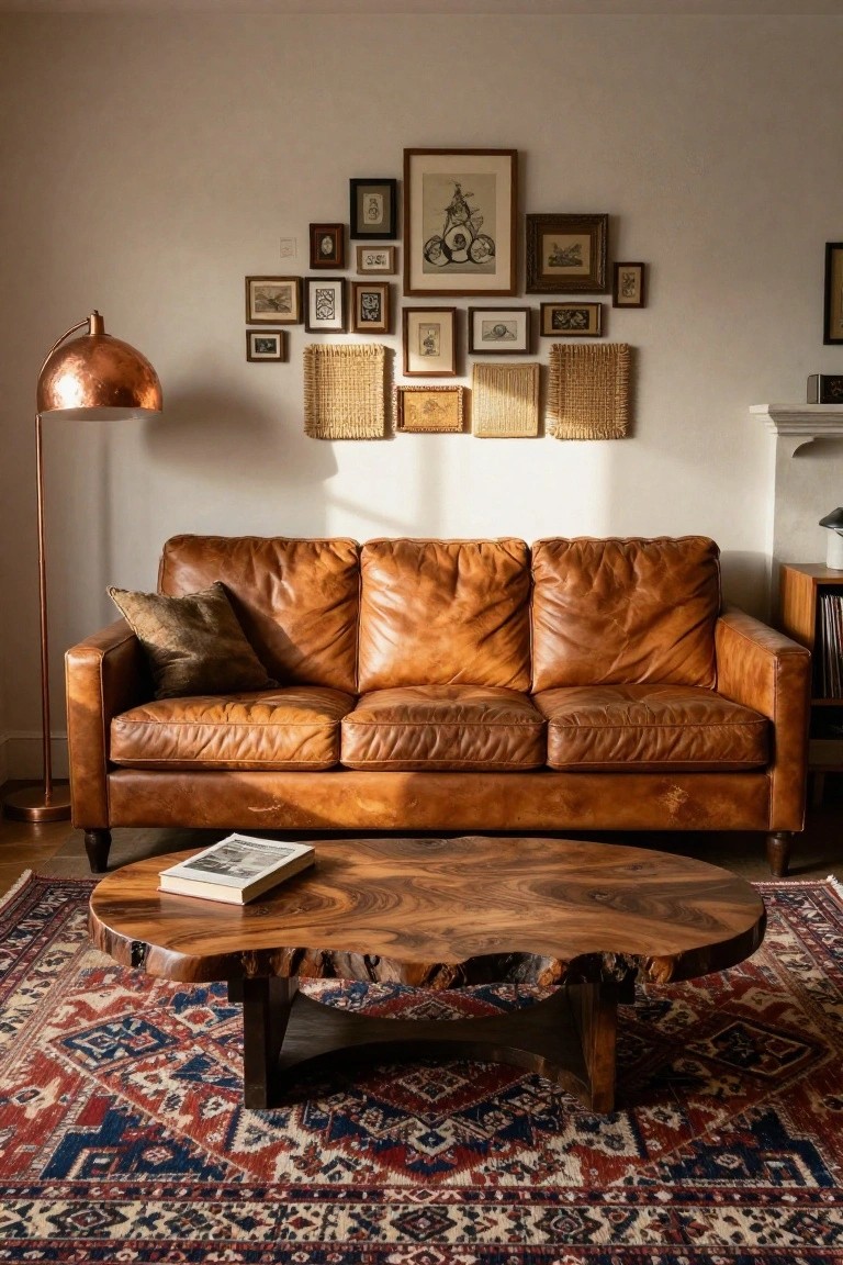 Living room with tan leather sofa, live-edge wood coffee table on red and blue patterned rug, copper floor lamp, wooden bookshelf, and eclectic wall of assorted framed artwork, small photos, and woven panels.
